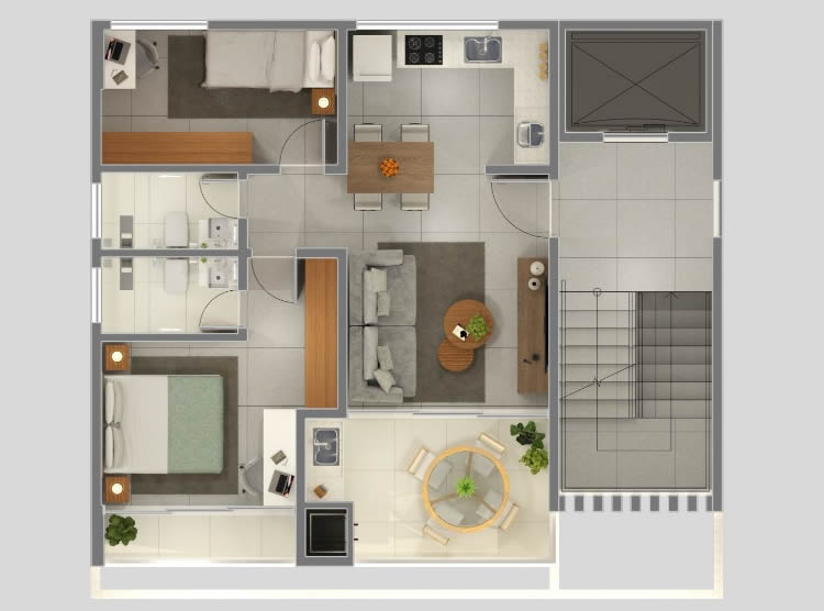 Planta do apartamento tipo de 61,59 m² do Live! Flamengo Residence